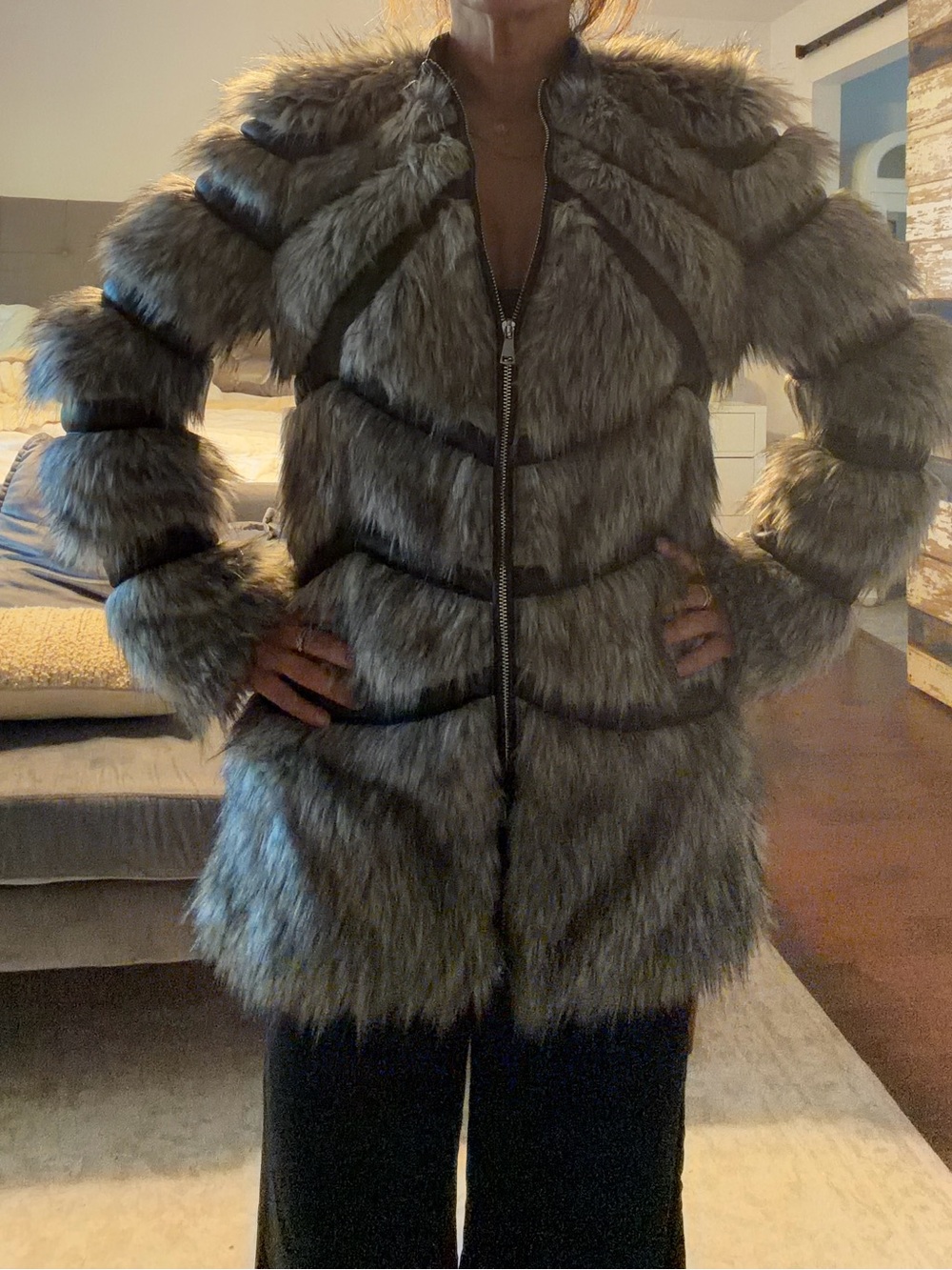 Bebe Faux Fur Gray Women's Zip Front Coat